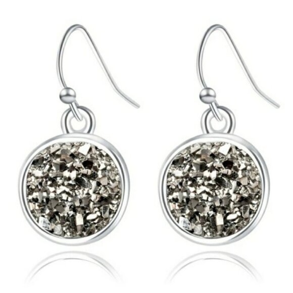 Gunmetal/silver druzzy dangle earrings - Picture 2 of 3